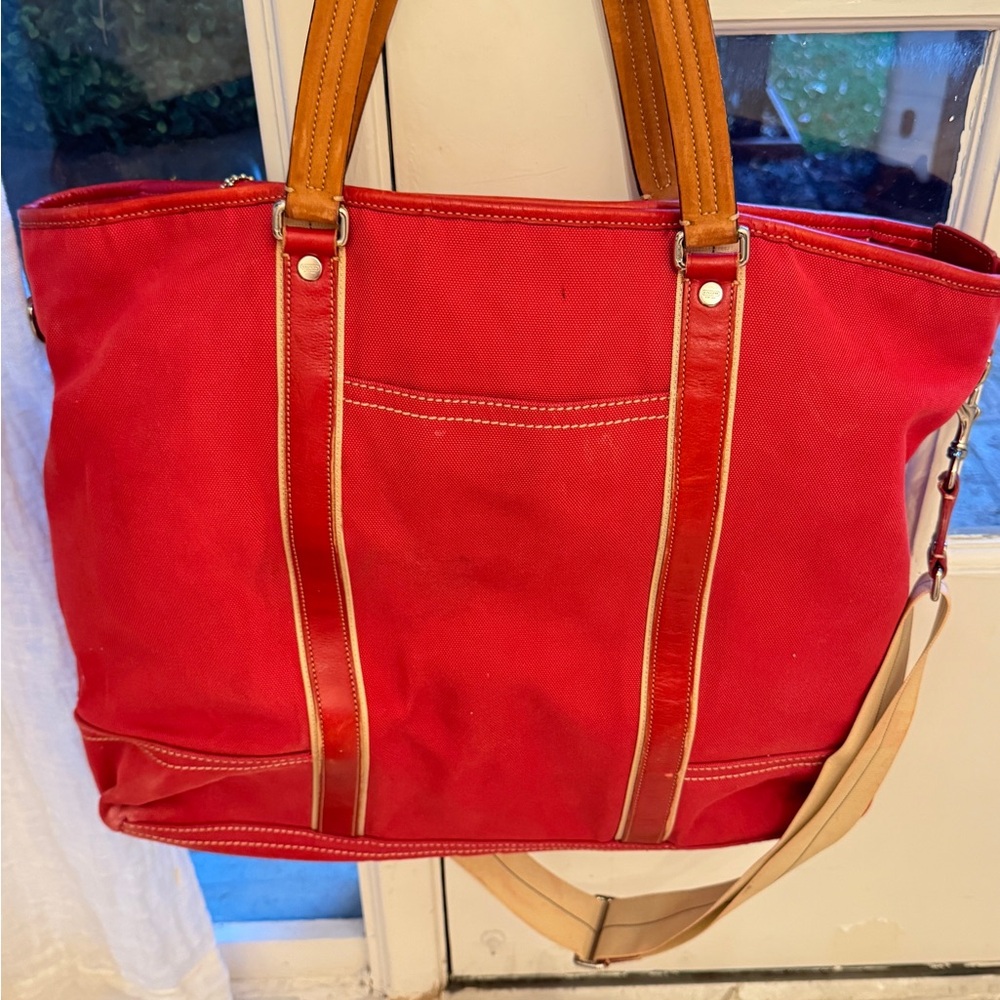 Elegant Coach Red Canvas Tote with Tan Accents 13x18x4